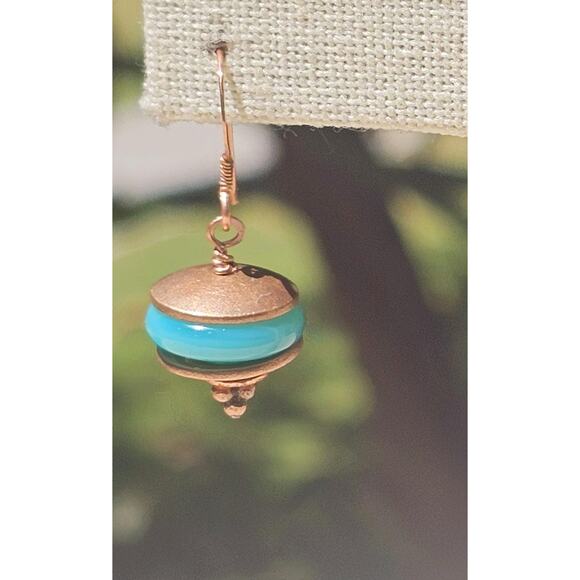 Vintage Turquoise Glass Beads Burnished Copper Disc. Earrings - Picture 3 of 4
